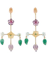Artisan - Natural Diamond 18k Yellow Gold Carved Flower Gemstone Chandelier Earrings Jewelry - Lyst