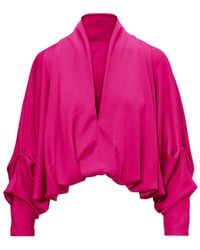 BLUZAT - Fuchsia Blouse With Draped Sleeves And V-Neck - Lyst