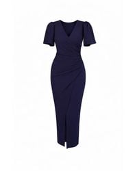 Girl In Mind - Freya Puff Sleeve Wrap Neck Ruched Midi - Lyst