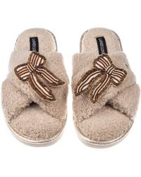 Laines London - Neutrals Neutral Boucle Slippers With & Pearl Beaded Stripe Bow Brooches - Lyst