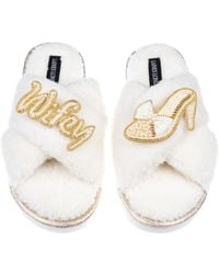 Laines London - Neutrals Neutral Boucle Slippers With Wifey & Wedding Heel Brooches - Lyst