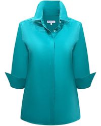 Perlavera - Cox Petrol Solid Cotton Satin Three Quarter Sleeve Length Slim Fit Shirt - Lyst