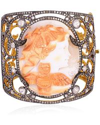 Artisan - 18k Gold 925 Silver & Shall Cameos With Diamond Designer Cuff Bracelet Bangle - Lyst