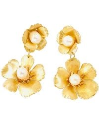 The Pink Reef - Small Double Golden Flower With Pearl Earrings - Lyst