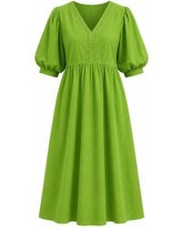 IZABELA MANDOIU - Cotton Midi Dress With Puff Sleeves And Lace Inserts - Lyst