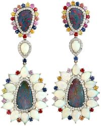 Artisan - Unique Austrlian Opal & Doublet With Ethiopian Multi Sapphire Diamond In 18k White Gold Dangle Earrings - Lyst