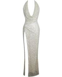 Miss Circle New York - Niamh Golden Beaded Cowl Halter Backless Maxi Dress - Lyst
