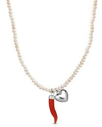 Unaloe - Baroque Pearl Necklace With Coral Cornicello And Heart - Lyst