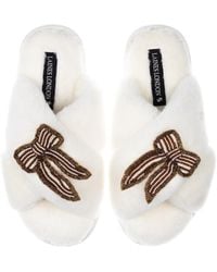 Laines London - Neutrals Classic Laines Slippers With & Pearl Beaded Stripe Bow Brooches - Lyst