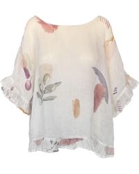 Haris Cotton - Printed Linen Gauze Blouse With Ruffles Ecru Garden - Lyst