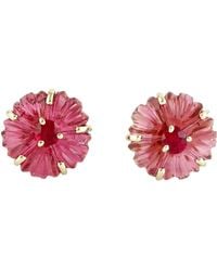 Artisan - 14K Carved Tourmaline & Ruby Flower Stud Earrings - Lyst