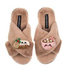 Laines London - Neutrals Classic Slippers With Christmas Laines Lovable Yule Log & Hot Chocolate Brooches - Lyst