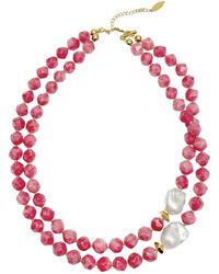 Farra - Pink Gemstone With Baroque Pearls Double Layers Necklace - Lyst