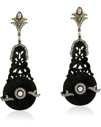Artisan - Carving Jet Gemstone & Pave Diamond In 18k Gold With Sterling Silver Dangle Earrings - Lyst
