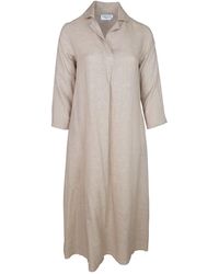 Haris Cotton - Neutrals Maxi Linen Dress With Front Pleat And Lapels - Lyst