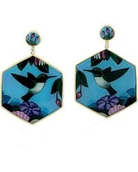 Artisan - Natural Pearl Bird Picture Enamel Dangle Earrings 18k Gold Enamel - Lyst