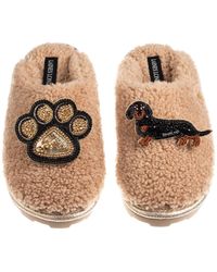 Laines London - Neutrals Teddy Closed Toe Slippers With Paw & & Tan Dachshund Brooches - Lyst