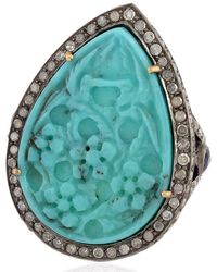 Artisan - Carved Turquoise & Blue Sapphire Pave Diamond In 18k Gold With 925 Silver Cocktail Ring - Lyst