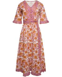 LAtelier London - Noemi Yellow Floral Block Print Cotton Midi Dress - Lyst