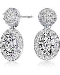 Genevive Jewelry - Sterling Silver With Rhodium Plated Clear Oval And Round Cubic Zirconia Halo With Cluster Post Drop Earrings - Lyst