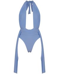 ANTONINIAS - Plonger Deep Plunge Halter Neck Swimsuit With Decorative Belt - Lyst