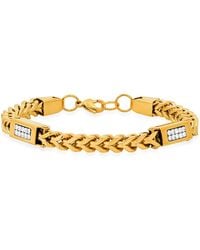 Steeltime - Stainless Steel 18K Plated 8Mm Wheat Chain Bracelet With Cz Links 8.5 Inch - Lyst