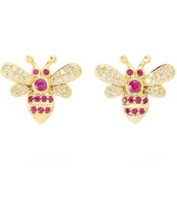 Artisan - Handmade 18k Yellow Gold Natural Diamond Honey Bee Stud Earrings Ruby Gemstone - Lyst