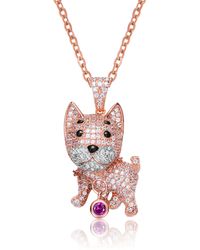Genevive Jewelry - Sterling Silver Rhodium & Rose Gold Gold Plated Enamel & Cubic Zirconia Cat Pendant - Lyst