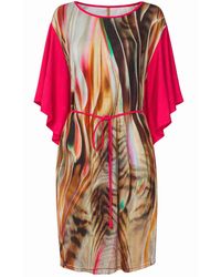 Conquista - Flowing Batwing Dress With Adjustable Waist Tie & Artistic Print - Lyst