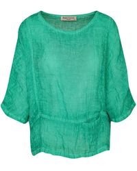 Haris Cotton - Round Neck Linen Blouse With Batwing Sleeve - Lyst