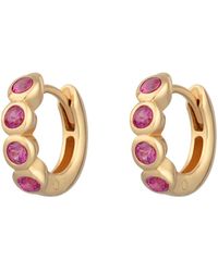 Scream Pretty Gold Bezel Huggie Earrings With Ruby Pink Stones - Metallic