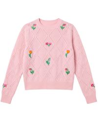 Brodie Cashmere - Lightweight Floral Stitch Cashmere Crew - Lyst