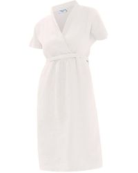 Haris Cotton - Notched Neckline Belted Linen Dress With Batwing Sleeve - Lyst