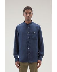 Woolrich - Garment-dyed Pure Linen Shirt With Band Collar Blue - Lyst