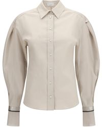 Brunello Cucinelli - Stretch Cotton Poplin Shirt With Shiny Silk Cuffs - Lyst