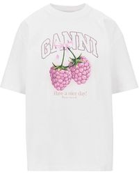 Ganni - Cotton T-Shirt With 'Raspberries' Print - Lyst