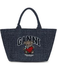 Ganni - Medium Denim Tote Bag With Bear - Lyst