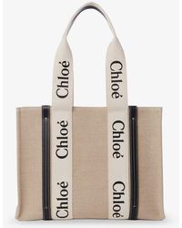 Chloé - Woody Linen Shoulder Bag With Front Lettering Logo - Lyst