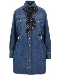 Valentino - Denim Mini Dress With Silk Bow - Lyst