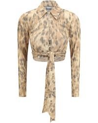 Ganni - Printed Marl Mesh Tie Blouse - Lyst