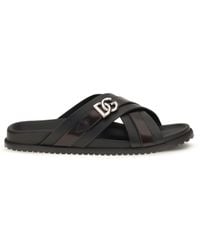 Dolce & Gabbana - Dolce & Gabbana Smooth Calf Leather Slide Sandals Nero - Lyst