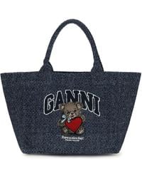 Ganni - Medium Denim Tote Bag With Bear - Lyst