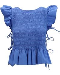 Ganni - Ruched Cotton Top With Side Bows - Lyst