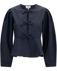 Ganni - Cotton Poplin Blouse With Bows - Lyst