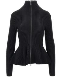 Alaïa - Ribbed Wool Peplum Cardigan - Lyst