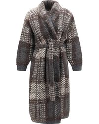 Brunello Cucinelli - Macrocheck Mohair Blend Coat With Belt - Lyst