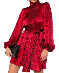 Saint Laurent Leopard Print Devoré Satin Silk Mini Dress In Red