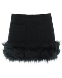 Saint Laurent Bouclé Tweed Faux Fur Mini Skirt In Black