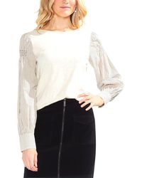 Vince Camuto Long Sleeve Smocked Shoulder Mixed Media Top - White