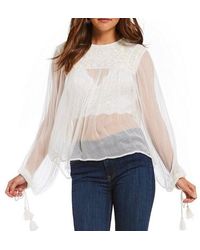 Free People Tassel Embroidered Sheer Blouse - White